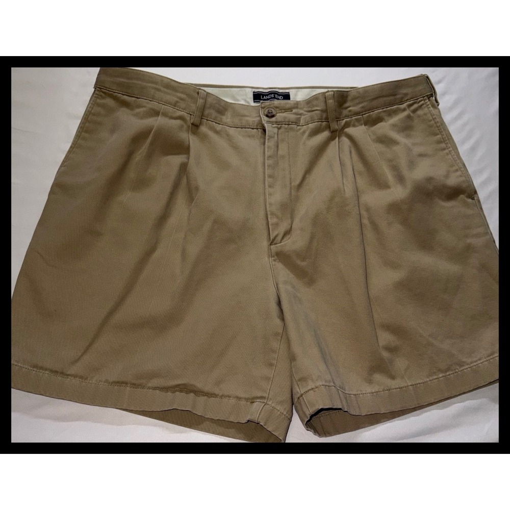 Lands End Chino Shorts Mens 36 Khaki Pleated Traditional Fit Cotton Casual